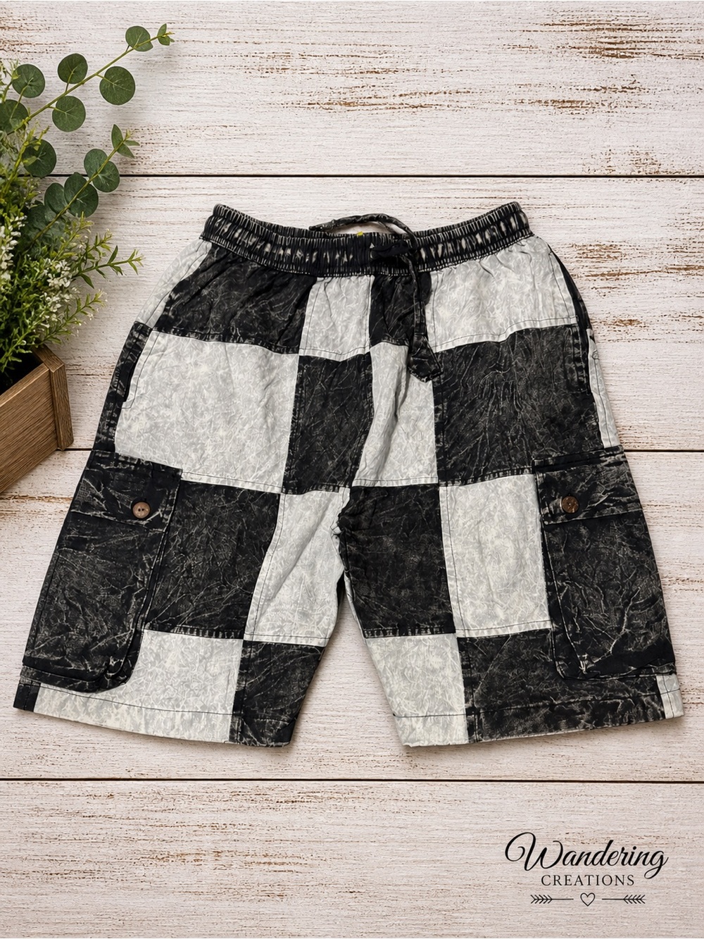 Women's Black & White Checkerboard Cargo Shorts with Drawstring Waist
